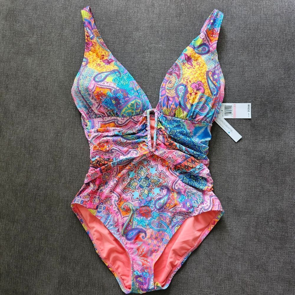 2023 Bleu Rod Beattie shirred plunge Groovy v neck Paisley pink swimsuit size 6